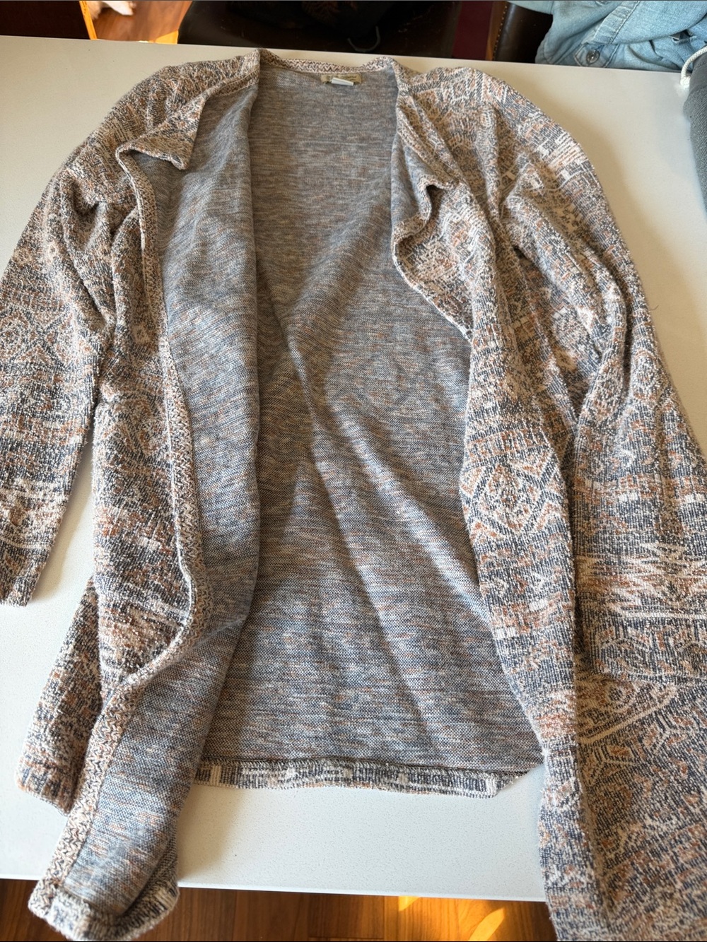 Lucky Brand Open-Front Long Knit Cardigan in Gray and Cream